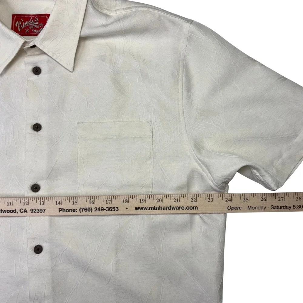Woodie's Retro Lounge Mens XL Ivory Jacquard‎ Leaf Button Up Hawaiian Camp Shirt